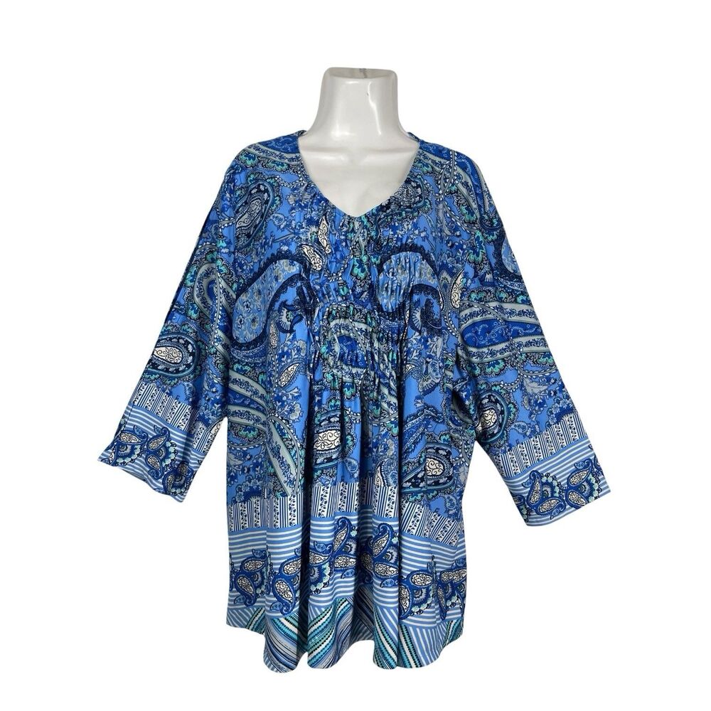 Links Womens 3X Tunic Blouse Blue Paisley Ruched V Neck 3/4 Sleeve Boho Art Plus
